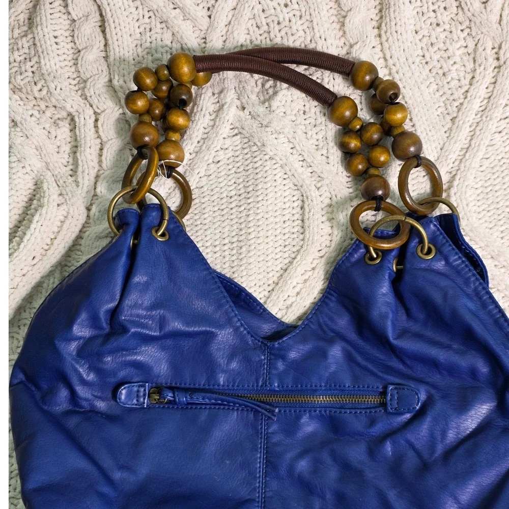 Bueno Hobo Satchel Bag Royal Blue Wood Bead Circle Handle Purse Soft Colorful